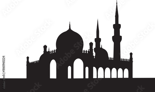 Black silhouette of mosque with domes and minarets