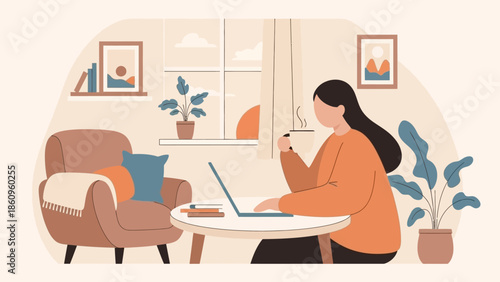 Woman Working on Laptop at Home.