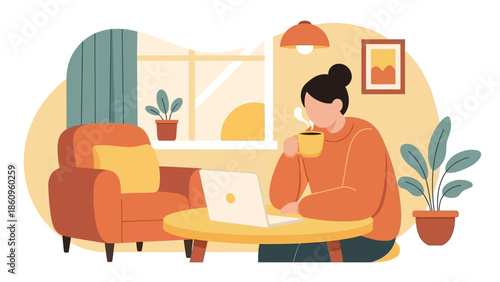 Woman Working on Laptop with Coffee.