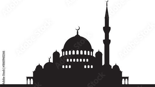 Black silhouette of mosque with domes and minarets