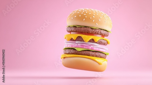 Colorful and Realistic 3D Hamburger Floating on Pink Background