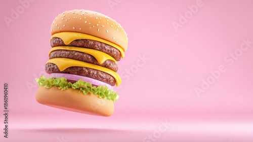 Delicious and Juicy Three-Stacked Burger with Fresh Ingredients