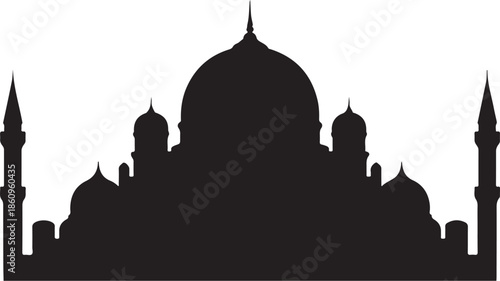 Black silhouette of mosque with domes and minarets