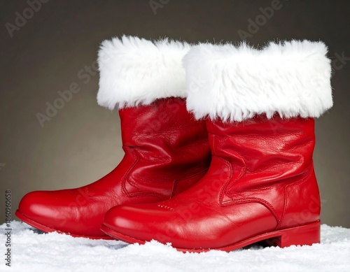A pair of vibrant red leather boots trimmed with fluffy white faux fur, resting on a bed of artificial snow. Against a warm-toned background