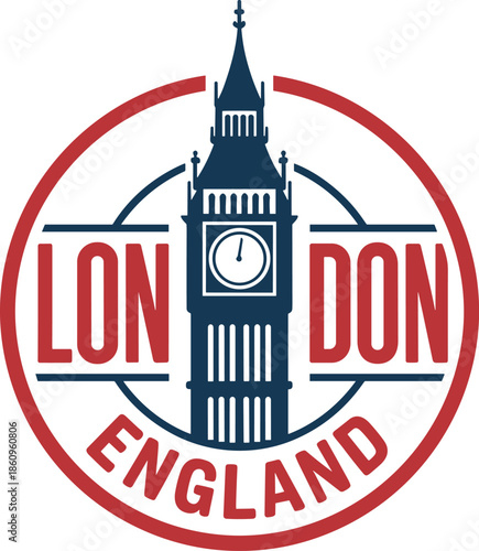 Big Ben Clock Tower in Red and Blue Circular Badge with London England Text