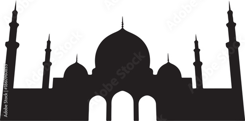 Black silhouette of mosque with domes and minarets