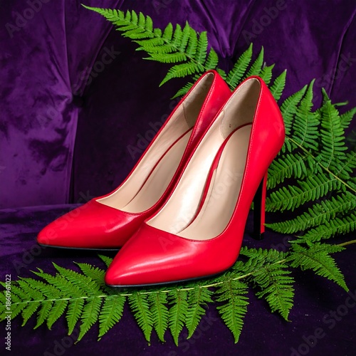 A pair of vibrant red stiletto heels, elegantly arranged with green fern fronds on a plush purple velvet surface