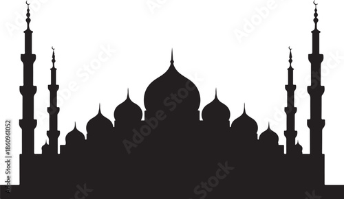 Black silhouette of mosque with domes and minarets