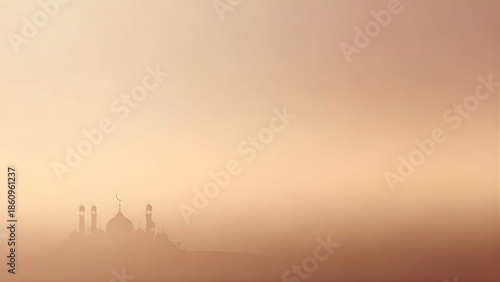 Majestic mosque silhouette at sunrise in warm hazy landscape