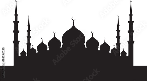 Black silhouette of mosque with domes and minarets