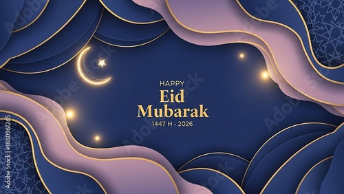 Elegant Eid Mubarak Celebration Background with Crescent Moon and Lights.