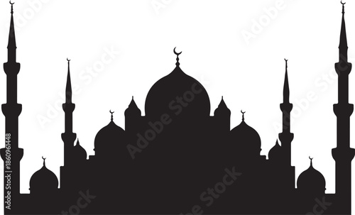 Black silhouette of mosque with domes and minarets