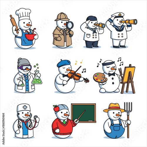 Snowmen in various professions and activities