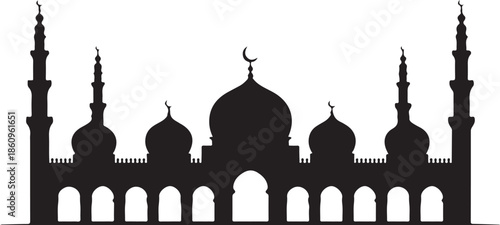 Black silhouette of mosque with domes and minarets