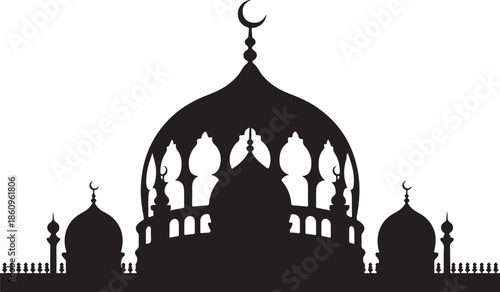 Black silhouette of mosque with domes and minarets