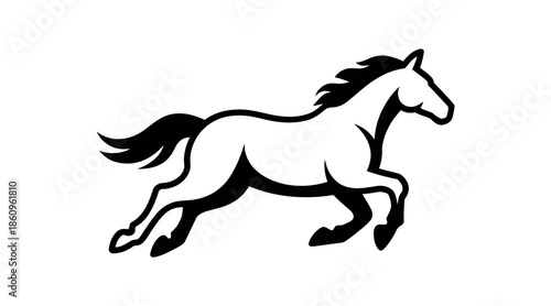 Majestic horse gallops with flowing mane and tail against a clean white background