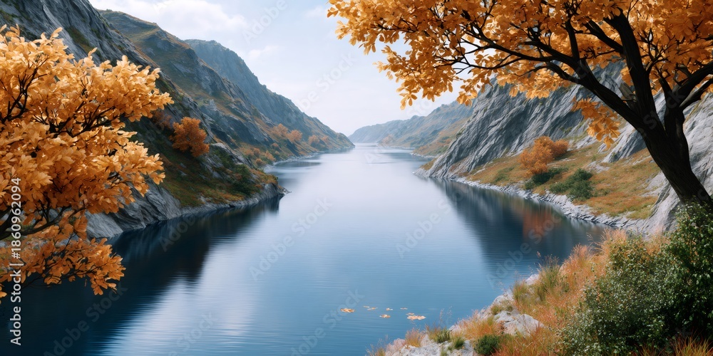 Fototapeta premium Autumn mountain gorge river landscape with vibrant fall trees