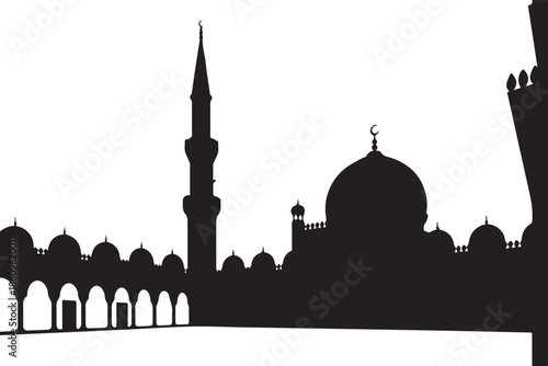 Black silhouette of mosque with domes and minaret black and white