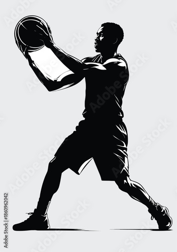 058-13-Basketball player in action, posing with a ball in a monochrome clip art style