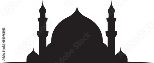 Black silhouette of mosque with dome and minarets white