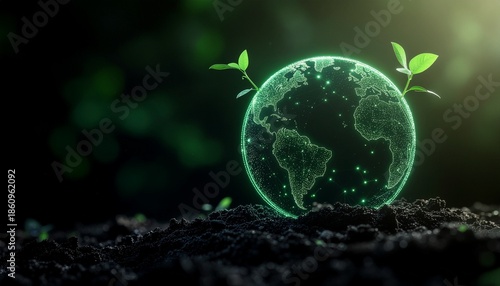 Green bacteria cell and eco friendly smartphone with green leaves symbolizing global nature and environmental growth
