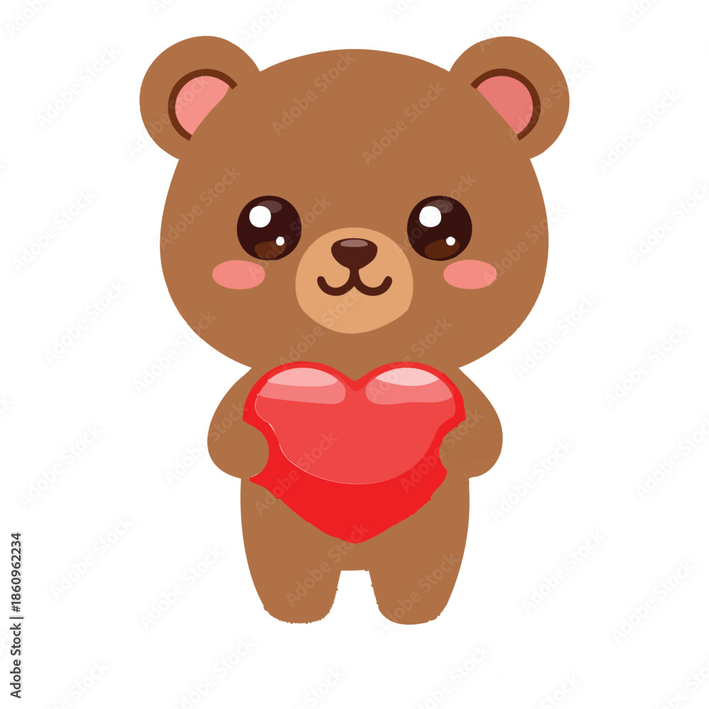 Fototapeta premium cute, teddy bear, heart, love, valentine's day, vector, illustration, cartoon, adorable, brown bear, character, animal, romance, sweet, gift, friendship, greeting card, isolated, flat design, mascot, 