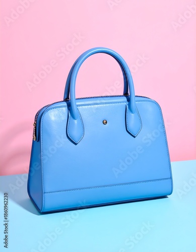 A pale blue leather satchel handbag with a top handle, placed against a pink and blue gradient backdrop. The bag is lit with soft studio lighting