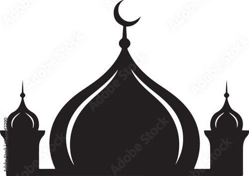 Black silhouette of mosque with crescent and domes