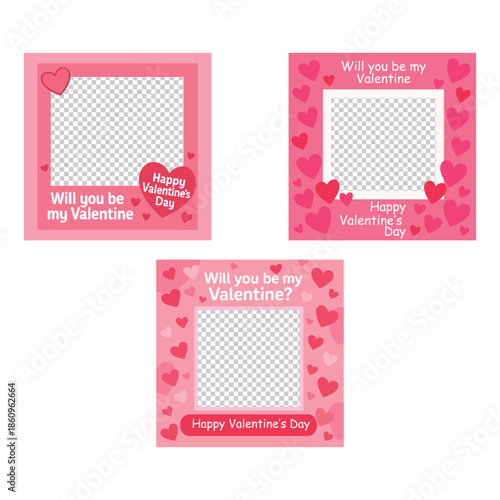 Happy Valentine's Day colorful photo frame and backgrounds with pink hearts and love quotes.Will you be my Valentine printable photo template. photo booth props with vector set.