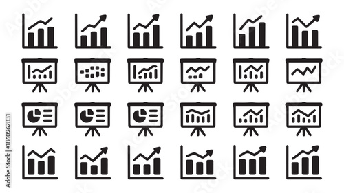 A collection of black and white business analytics icons displayed on screens