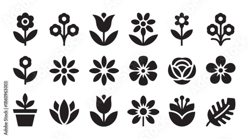 A collection of twenty black and white icons featuring various flowers and plants arranged in a grid pattern.