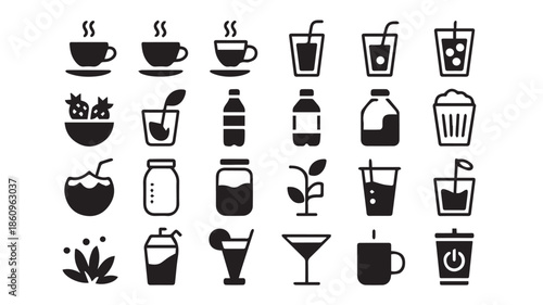 A collection of 20 black and white icons representing various drinks and beverages in a simple illustration style