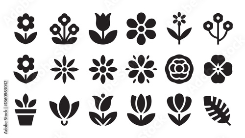A collection of twenty black and white flower icons arranged in a grid pattern on a white background