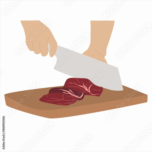hand cutting meat with knife