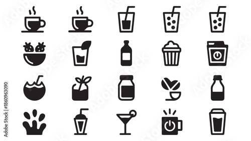 A set of twenty black and white icons representing various beverages and drinks arranged in four rows on a clean background.