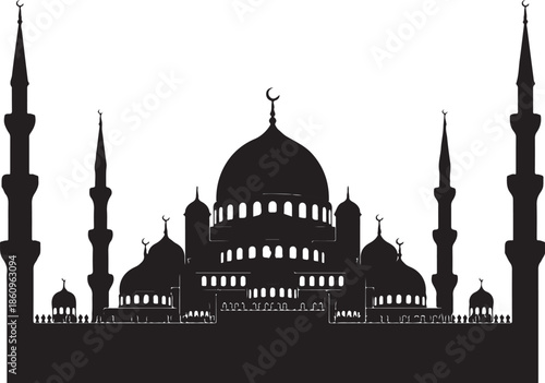 Black and white silhouette of mosque with domes and minarets