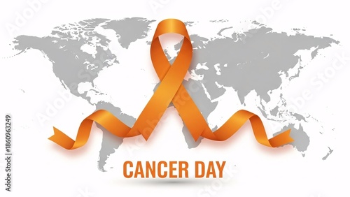 World cancer day awareness ribbon on global map