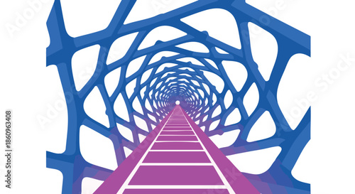 A vibrant, abstract digital tunnel with a purple track leading to a bright vanishing point, symbolizing future progress and technological advancement.