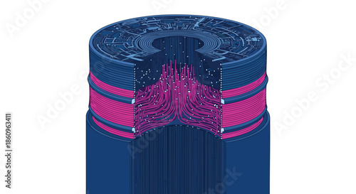 A detailed cross-section reveals the intricate internal structure of a futuristic energy cell, showcasing vibrant magenta particles flowing within its advanced blue core.