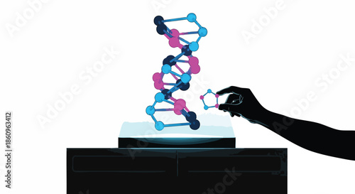 A silhouetted hand interacts with a glowing, futuristic DNA double helix structure, symbolizing advancements in genetic engineering and scientific innovation.
