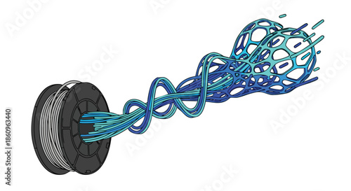 A spool of grey filament dynamically transforms into an intricate, blue, generative design, illustrating the advanced process of modern 3D printing technology.