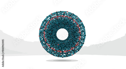 Intricate geometric sphere with interconnected nodes and lines, symbolizing complex networks and digital connections against a minimalist background.