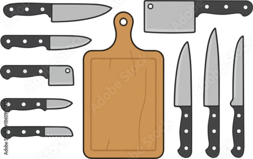 A collection of kitchen knives and a wooden cutting board on a