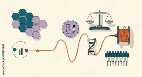Abstract representation of scientific research and discovery, illustrating DNA, data analysis, and laboratory equipment.