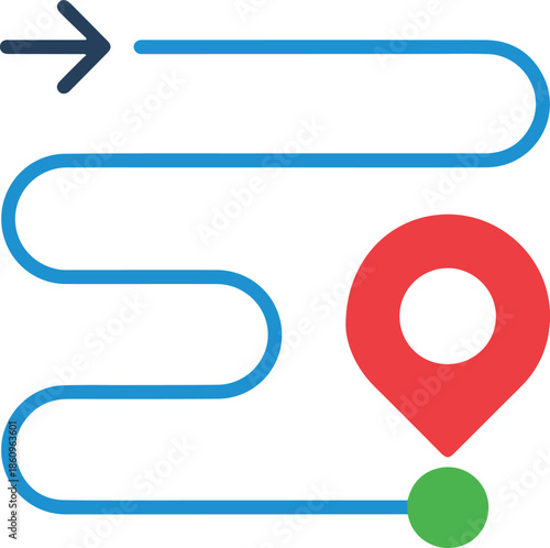 Route navigation path with map pin and arrow on