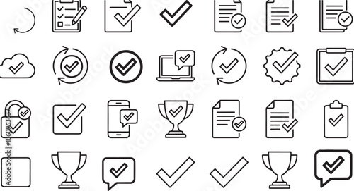 Checkmark and approval icons in simple line style