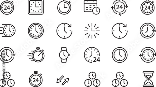 A set of various black line icons on a depicting clocks and time