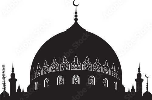 Black and white mosque silhouette with crescent moon and minarets
