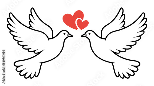Two doves with hearts in simple line art style with red and white colors on plain background for wedding invitation