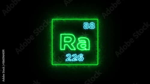 Radium periodic table element symbol hologram, chemical element Periodic Table, atomic weight element number on black background in 4K